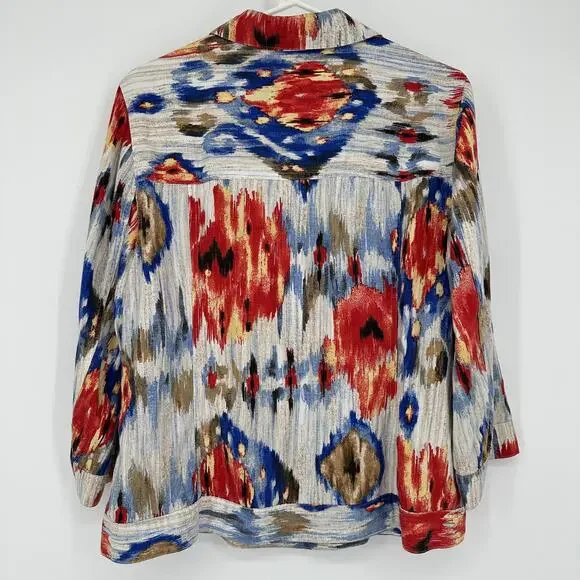Chicos Jacket LARGE Multicolor Ikat Print Button Front Linen Blend Boho 22x24 - Picture 8 of 9